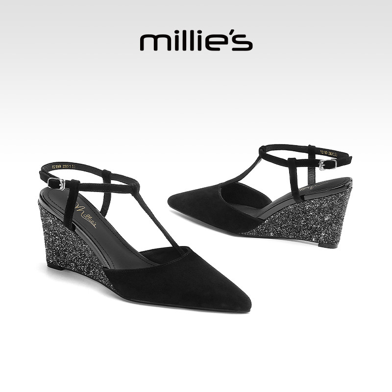 MILLIE'S/妙丽坡跟黑色时尚尖头高跟凉鞋女2026夏季新款后空包头