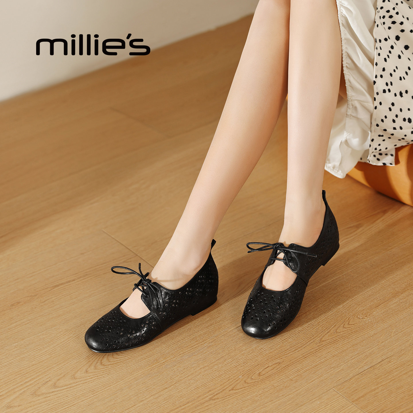 MILLIE'S/妙丽法式镂空透气系带深口单鞋女春款真皮内增高小皮鞋,女鞋,玛丽珍鞋,淘宝优惠券,粉丝福利购,淘宝优惠卷