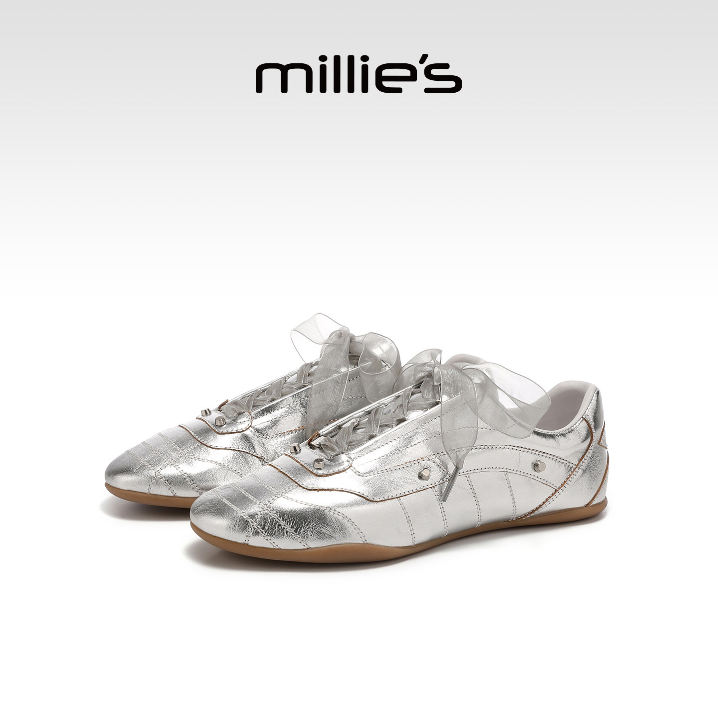 MILLIE'S/妙丽真皮蕾丝绑带女款时尚休闲鞋牛皮德训鞋子春季新款