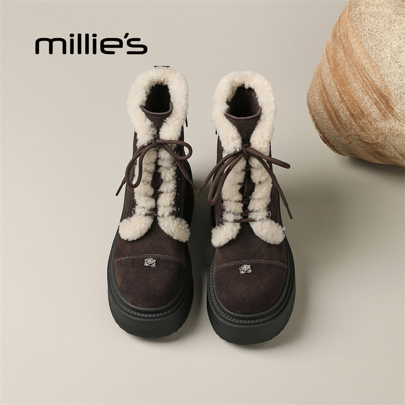 MILLIE'S/妙丽真皮加绒马丁靴女款冬季保暖系带短筒靴厚底户外靴