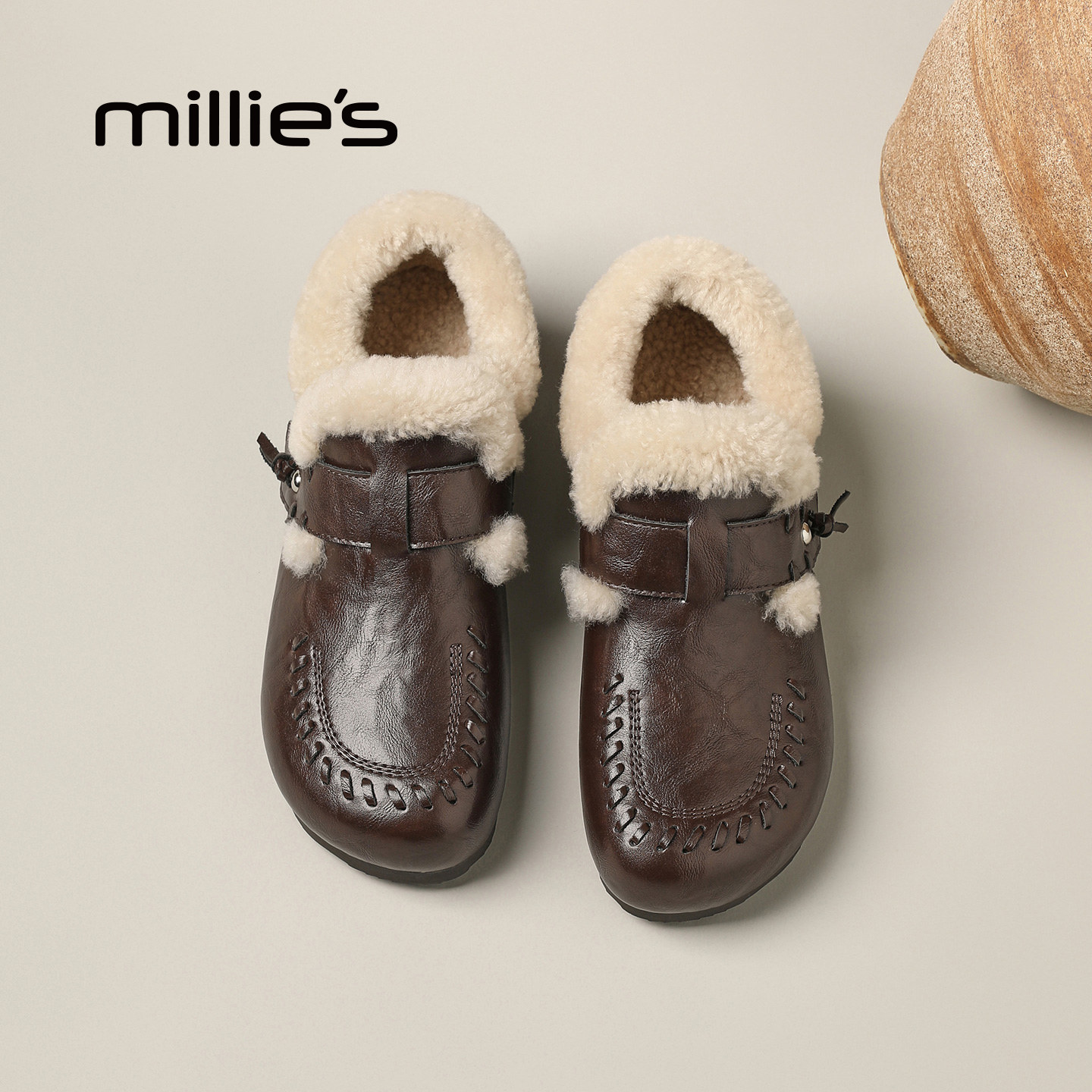 MILLIE'S/妙丽加绒勃肯鞋女秋冬新款懒人鞋一脚蹬毛毛鞋深口单鞋,女鞋,深口单鞋,淘宝优惠券,粉丝福利购,淘宝优惠卷