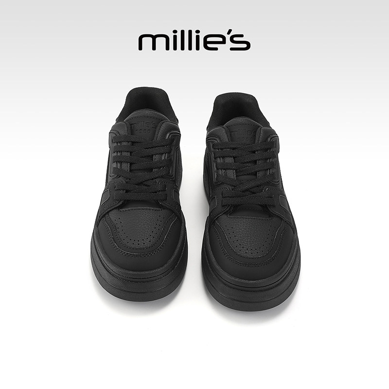 MILLIE'S/妙丽厚底板鞋女款2026初春黑色休闲鞋百搭增高深口单鞋