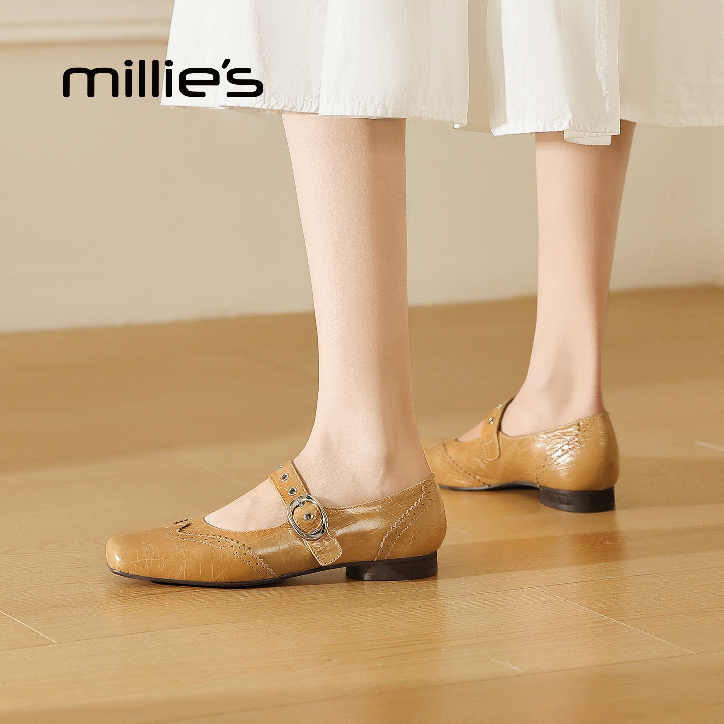 MILLIE'S/妙丽优雅玛丽珍鞋女真皮焦糖色平底浅口单鞋复古小皮鞋,女鞋,浅口单鞋,淘宝优惠券,粉丝福利购,淘宝优惠卷