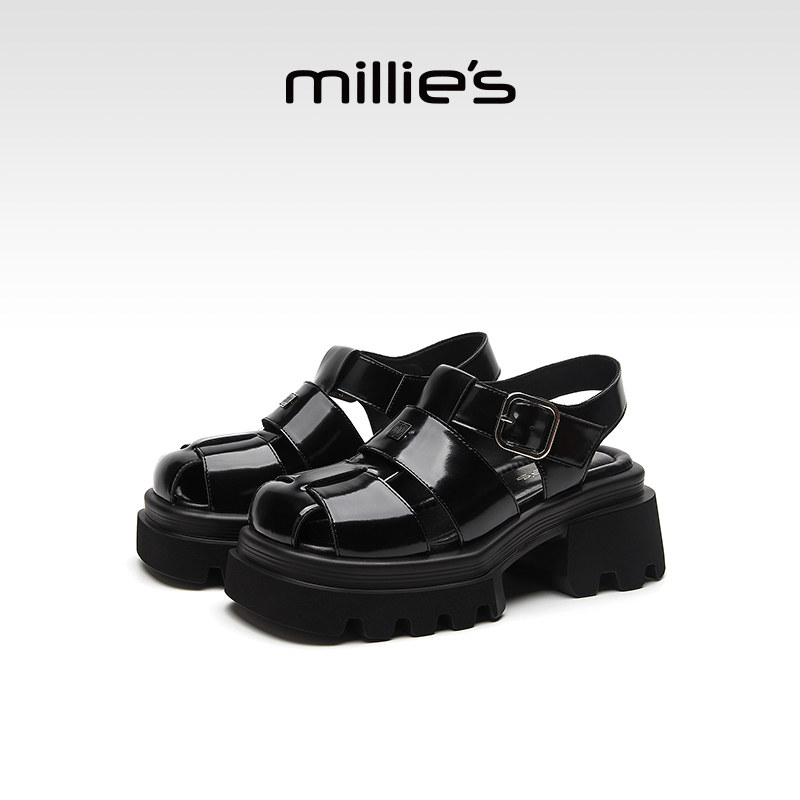 millies妙丽黑色小个子凉鞋女2025夏季厚底增高软底不累脚高级感