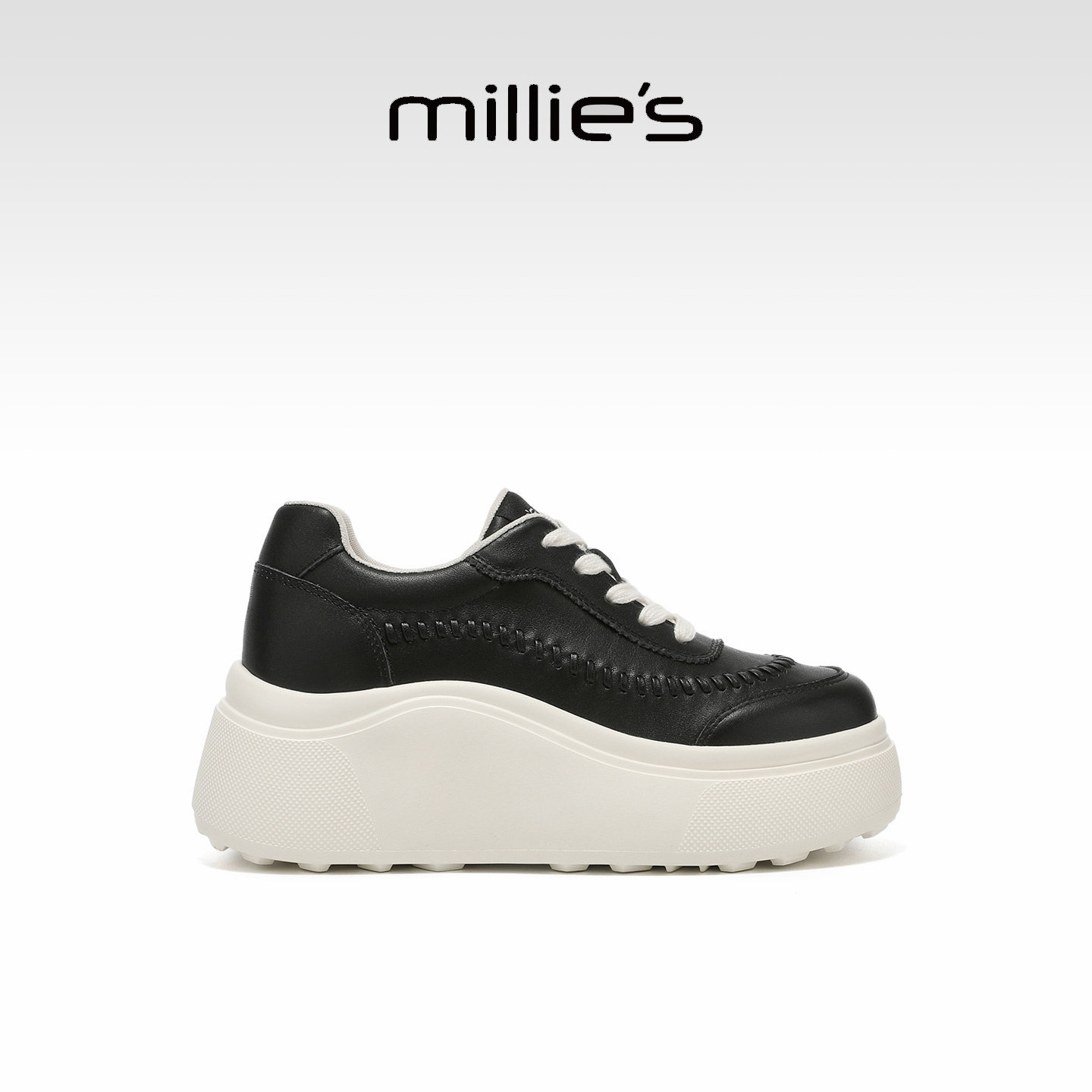 MILLIE'S/妙丽真皮厚底面包鞋女款黑色系带小个子增高百搭休闲鞋