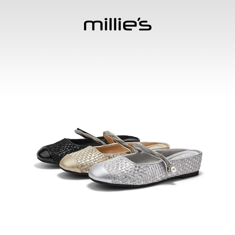 MILLIE'S/妙丽银色编织玛丽珍鞋女鞋平底外穿高级感凉鞋夏季新款