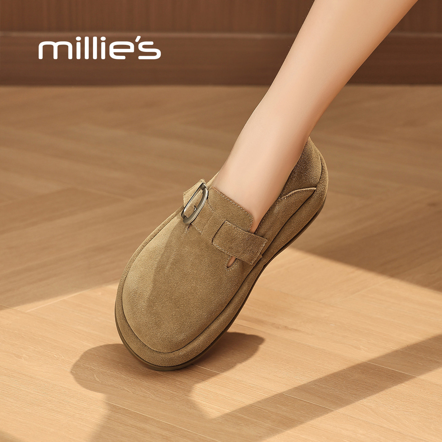 MILLIE'S/妙丽勃肯鞋女款加绒一脚蹬乐福鞋软底增高不累脚休闲鞋