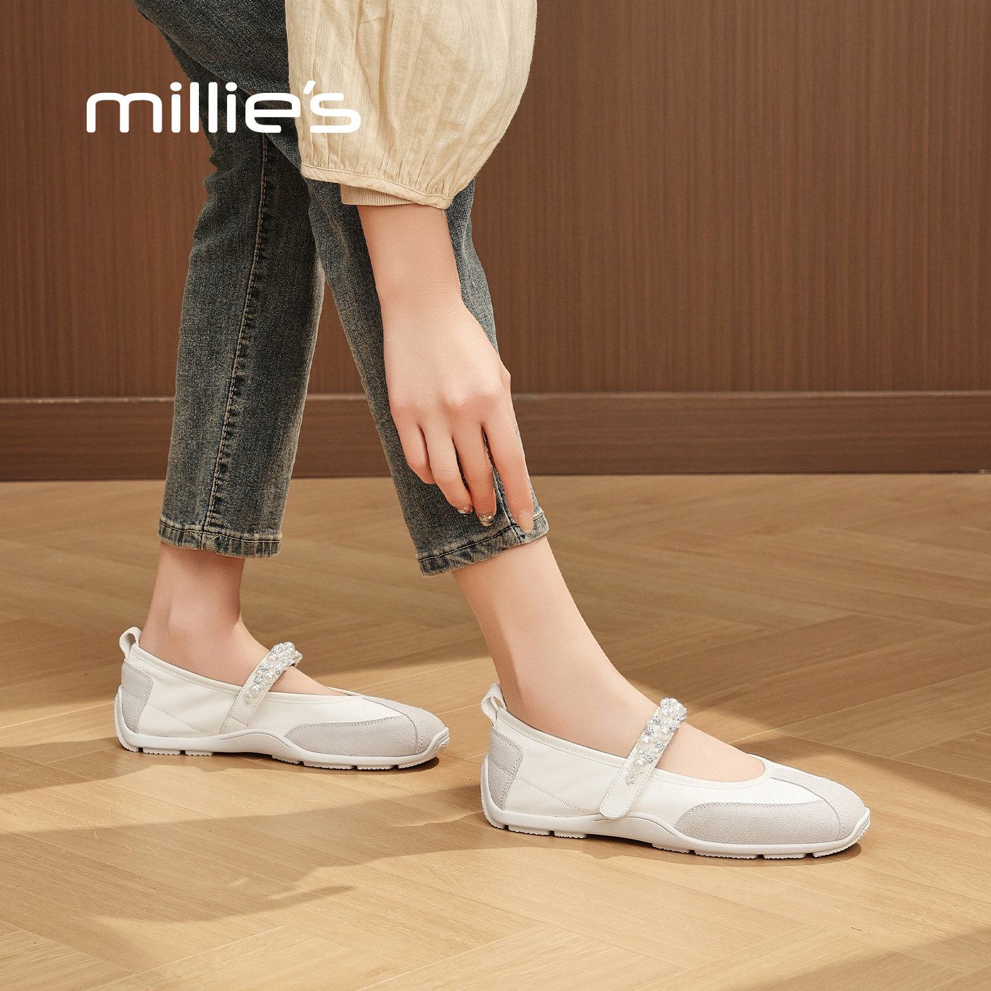 MILLIE'S/妙丽时尚芭蕾鞋女款休闲鞋珍珠一字扣百搭2026春季新款,女鞋,时尚芭蕾鞋,淘宝优惠券,粉丝福利购,淘宝优惠卷
