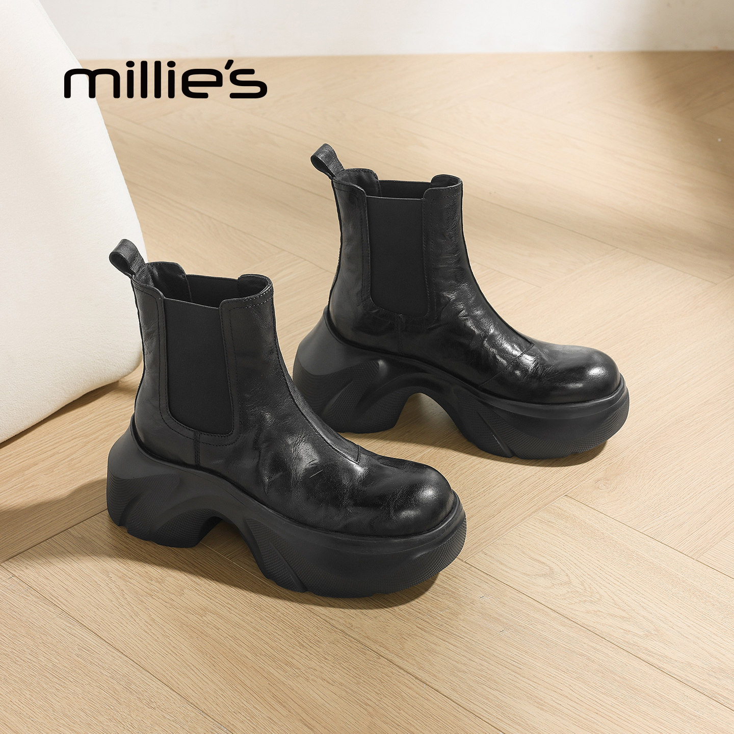 millies妙丽女鞋秋冬新款时尚百搭马丁靴厚底加绒休闲小个子短靴