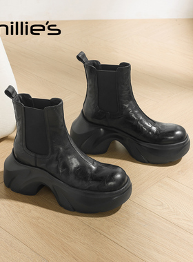millies妙丽女鞋2025年秋冬新款时尚百搭马丁靴厚底加绒休闲短靴