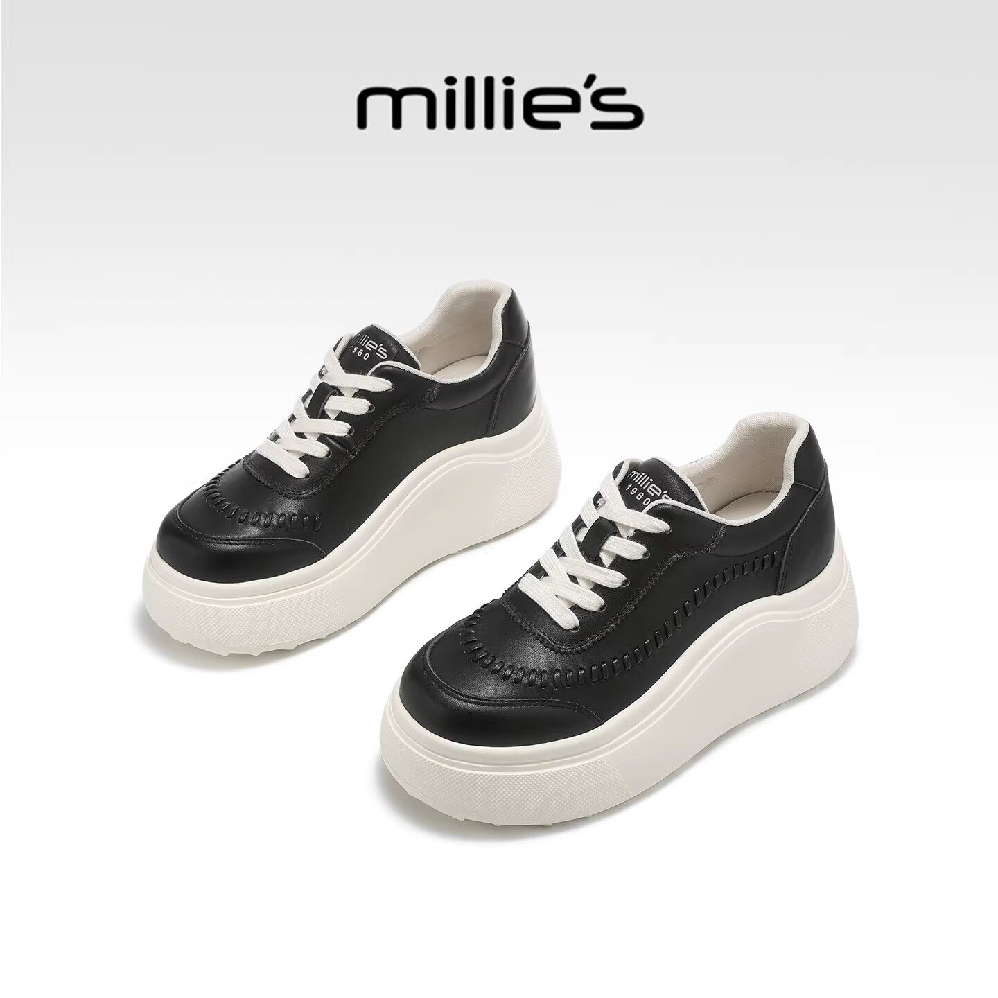 MILLIE'S/妙丽厚底增高黑色休闲鞋女款百搭松糕底运动鞋潮酷女鞋