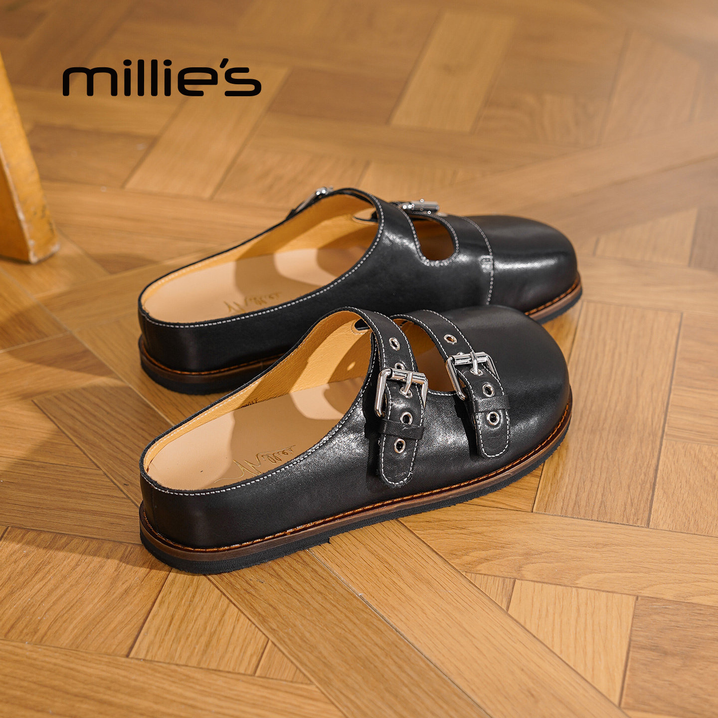 MILLIE'S/妙丽真皮勃肯穆勒鞋女黑色双扣带包头半拖2026夏季新款