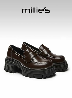 millies妙丽女鞋单鞋增高黑色复古小皮鞋百搭粗跟乐福鞋2025新款