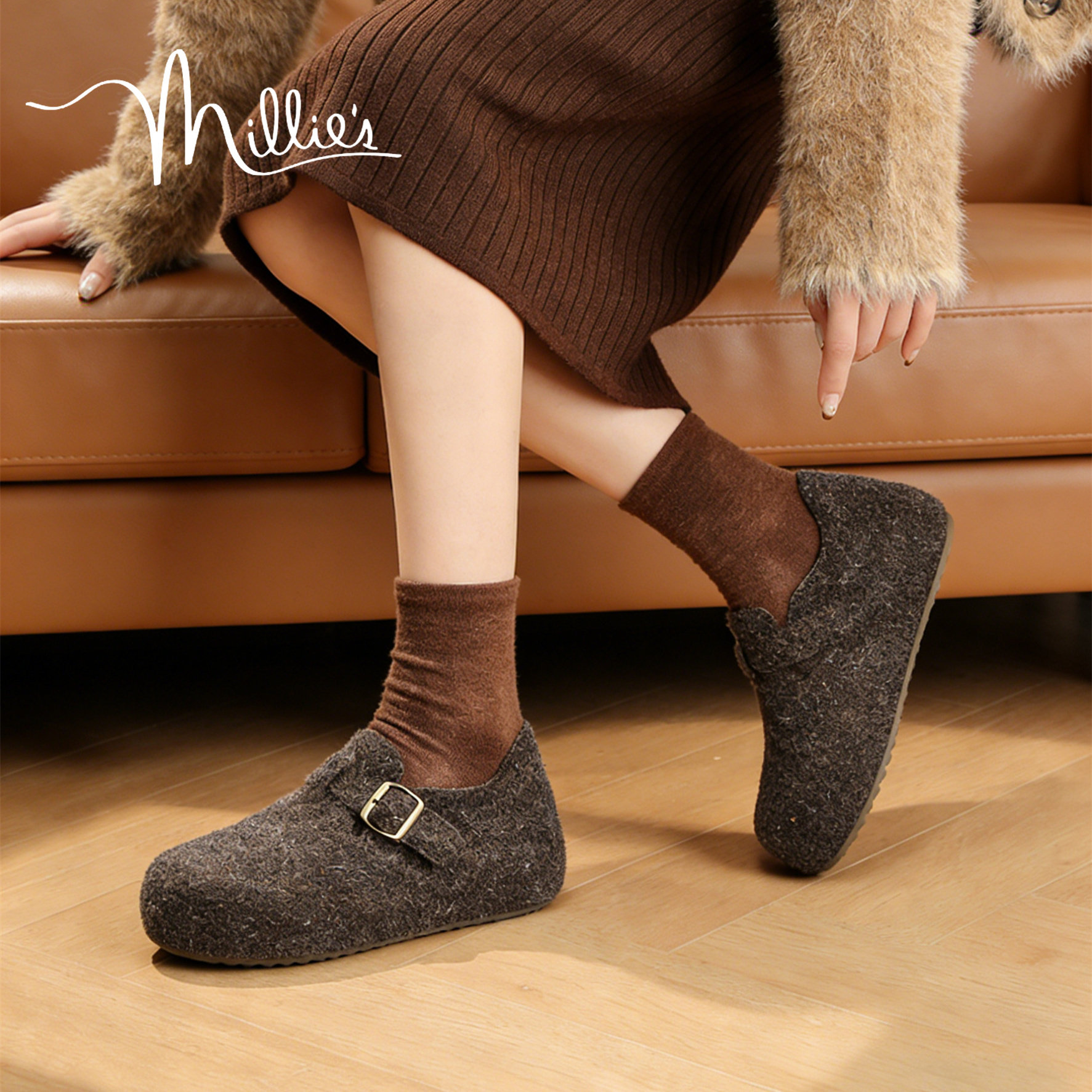MILLIE'S/妙丽毛毛鞋女款加绒深口单鞋休闲女鞋勃肯鞋圆头内增高,女鞋,勃肯鞋/软木鞋,淘宝优惠券,粉丝福利购,淘宝优惠卷