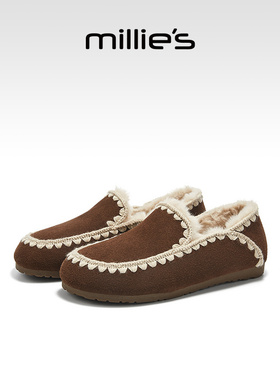 millies妙丽女鞋2025冬新款豆豆鞋懒人一脚蹬棉鞋加绒乐福鞋平底