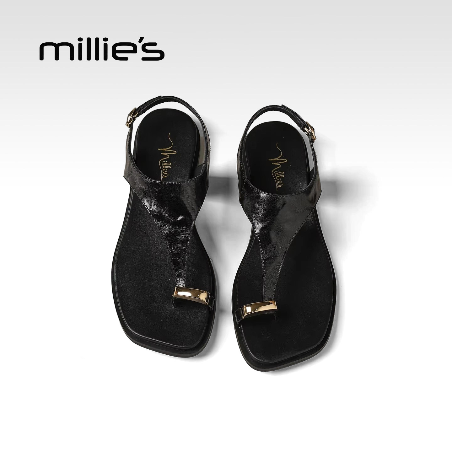 MILLIE'S/妙丽复古黑色罗马凉鞋女平底夹趾一脚蹬度假风夏季新款