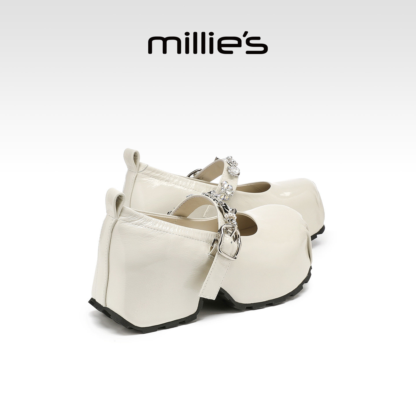 MILLIE'S/妙丽白色厚底玛丽珍鞋女一字扣增高松糕鞋百搭高跟单鞋