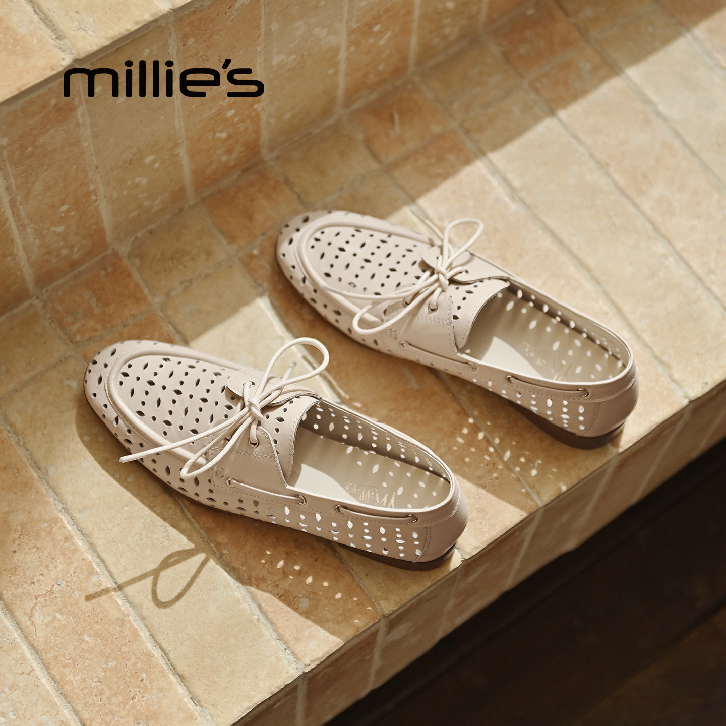 MILLIE'S/妙丽真皮镂空乐福鞋女款复古英伦风单鞋豆豆鞋春季新款