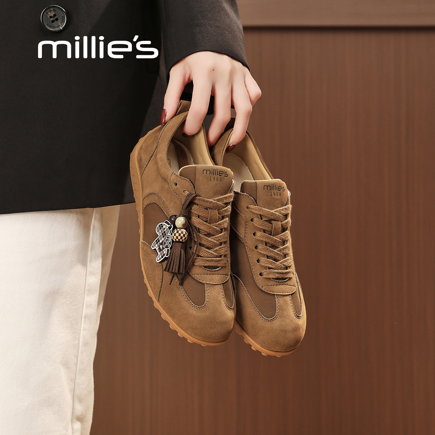 MILLIE'S/妙丽复古德训鞋女款2026春季真皮休闲鞋百搭平底运动鞋,女鞋,时尚休闲鞋,淘宝优惠券,粉丝福利购,淘宝优惠卷