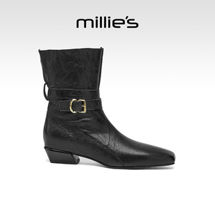 millies妙麗女鞋 新款 時尚 百搭舒適低跟短靴顯瘦瘦瘦靴 2025年秋季