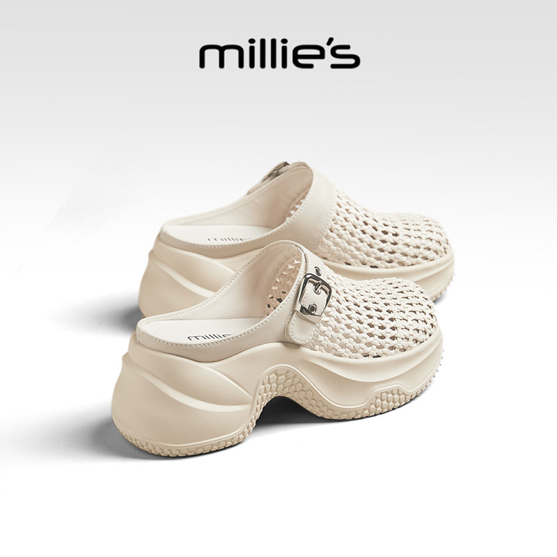 MILLIE'S/妙丽2026夏季新款编织透气包头半拖鞋厚底休闲凉拖鞋女