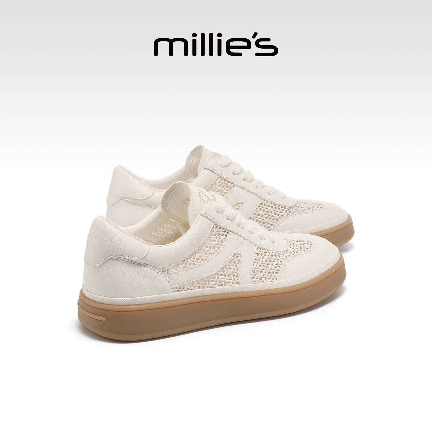 MILLIE'S/妙丽透气德训板鞋女款网面镂空平底休闲小白鞋夏季新款