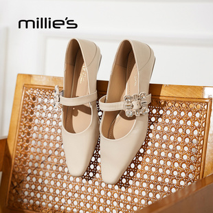 MILLIE'S/妙丽真皮方头玛丽珍鞋女款水钻扣浅口平底单鞋气质百搭