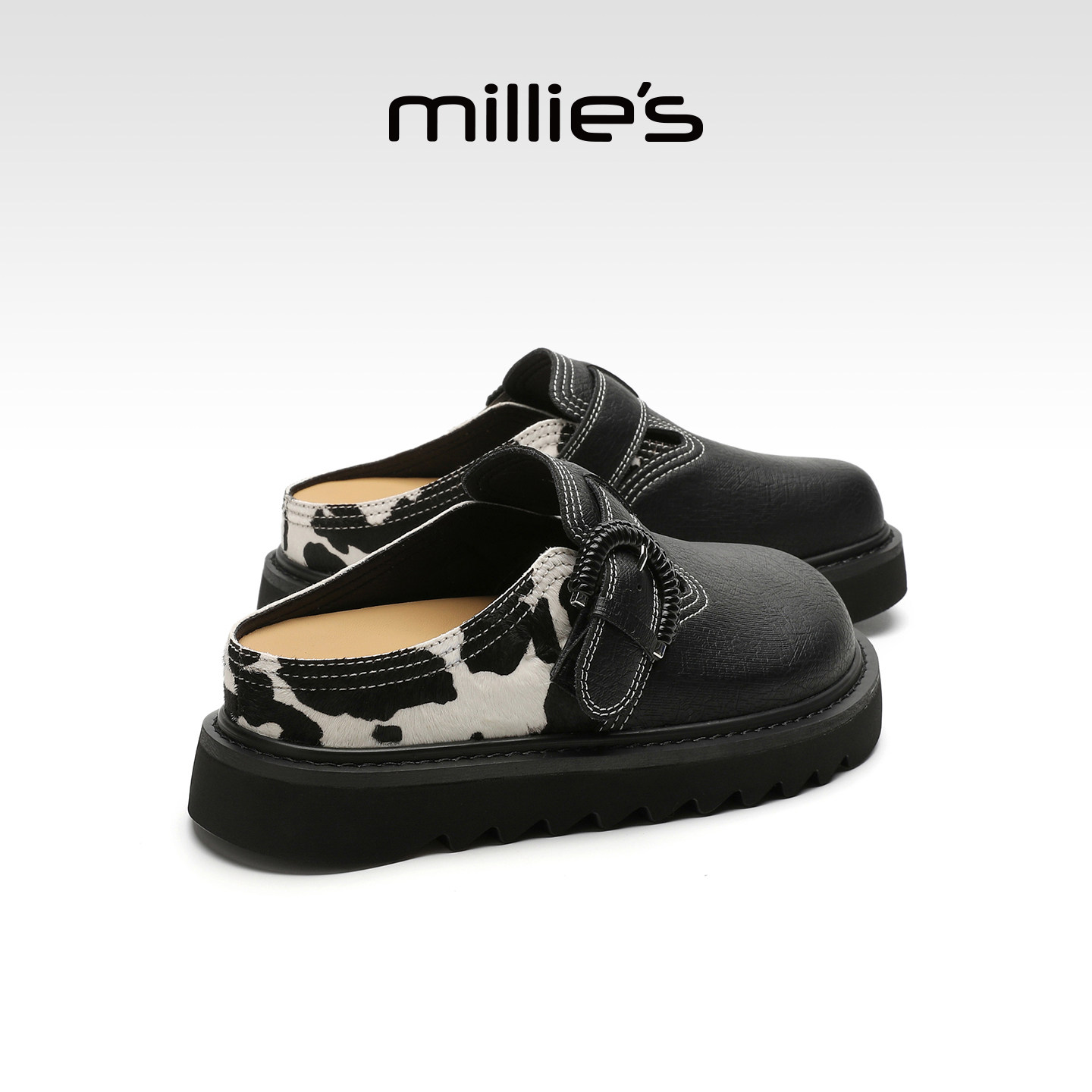 MILLIE'S/妙丽黑色厚底包头拖鞋女款百搭轻便勃肯鞋2026春季新款