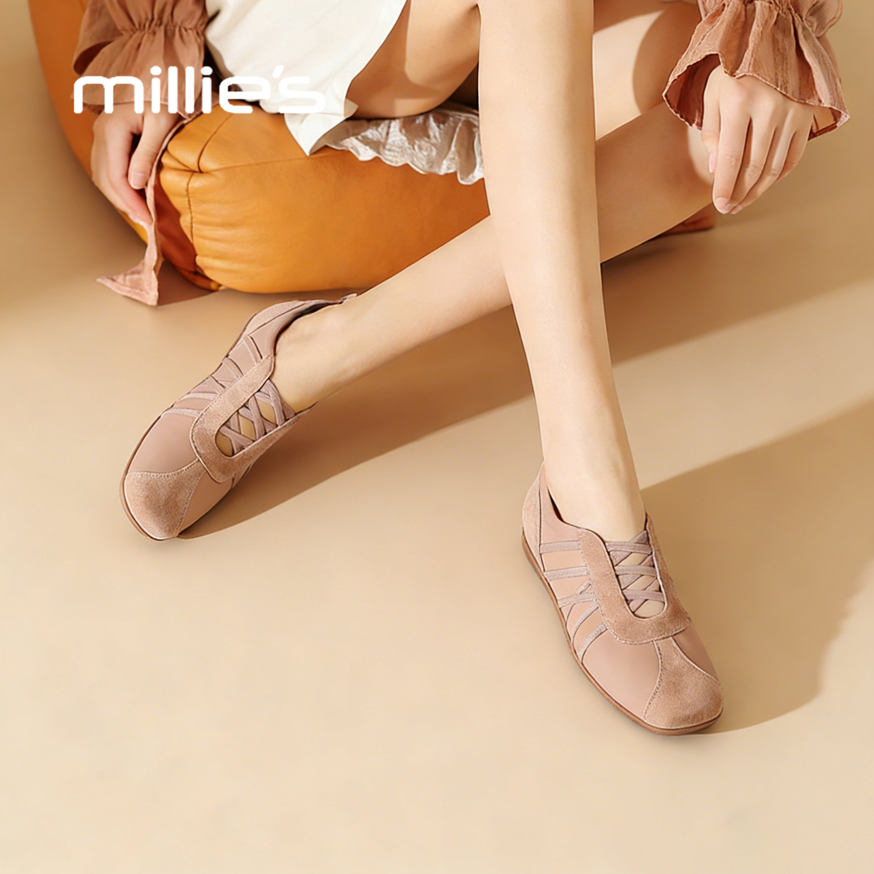 MILLIE'S/妙丽芭蕾风交叉绑带方头单鞋女平底休闲鞋2026春季新款,女鞋,深口单鞋,淘宝优惠券,粉丝福利购,淘宝优惠卷