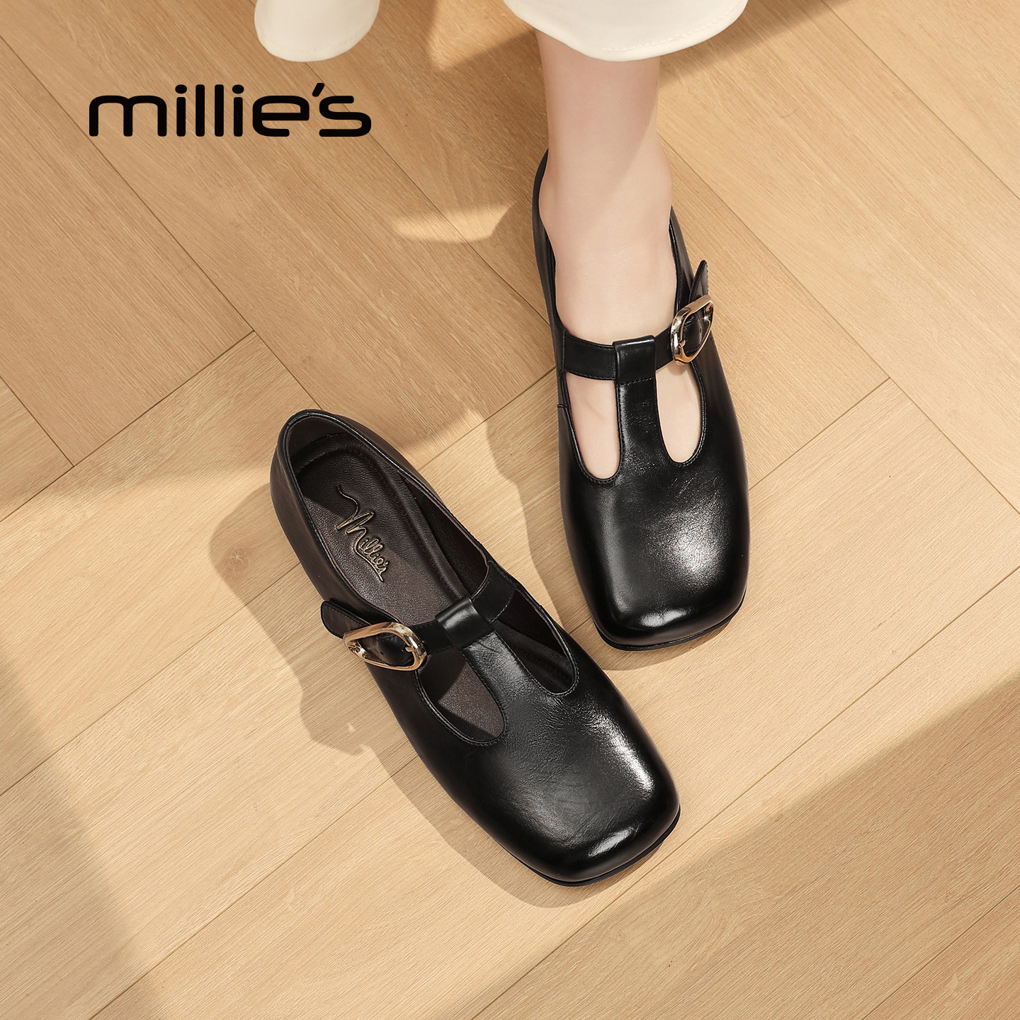 MILLIE'S/妙丽黑色真皮玛丽珍鞋女款T字扣带复古单鞋2026春夏新款