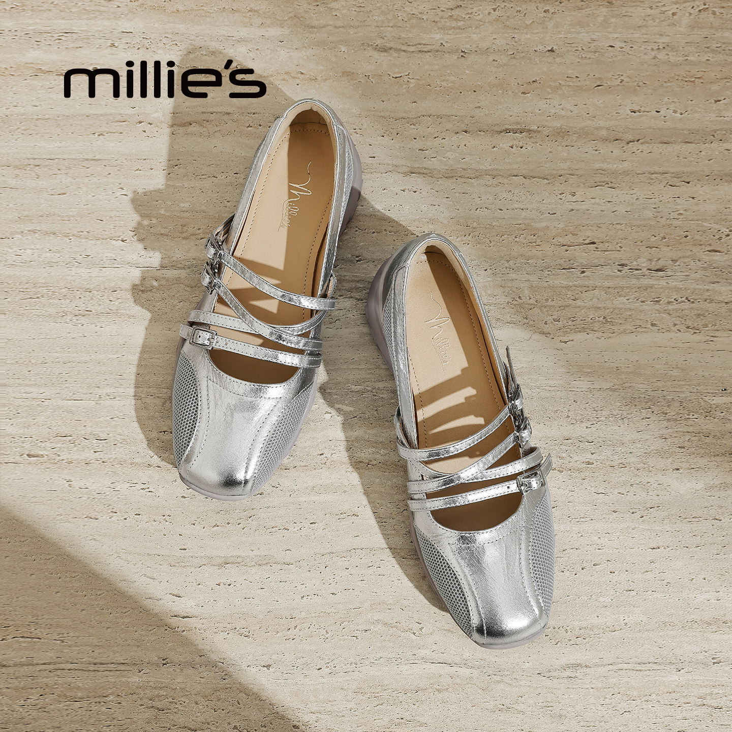 MILLIE'S/妙丽银色玛丽珍鞋女平底浅口交叉绑带法式通勤单鞋百搭,女鞋,时尚芭蕾鞋,淘宝优惠券,粉丝福利购,淘宝优惠卷