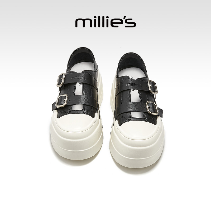 millies妙丽女鞋真皮厚底松糕鞋2026新款内增高时尚百搭休闲板鞋