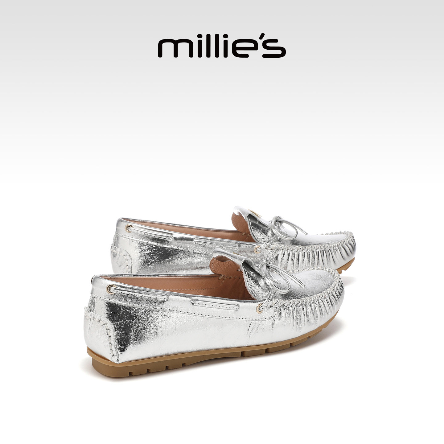 MILLIE'S/妙丽银色牛皮乐福鞋女款平底一脚蹬豆豆鞋2026春夏新款