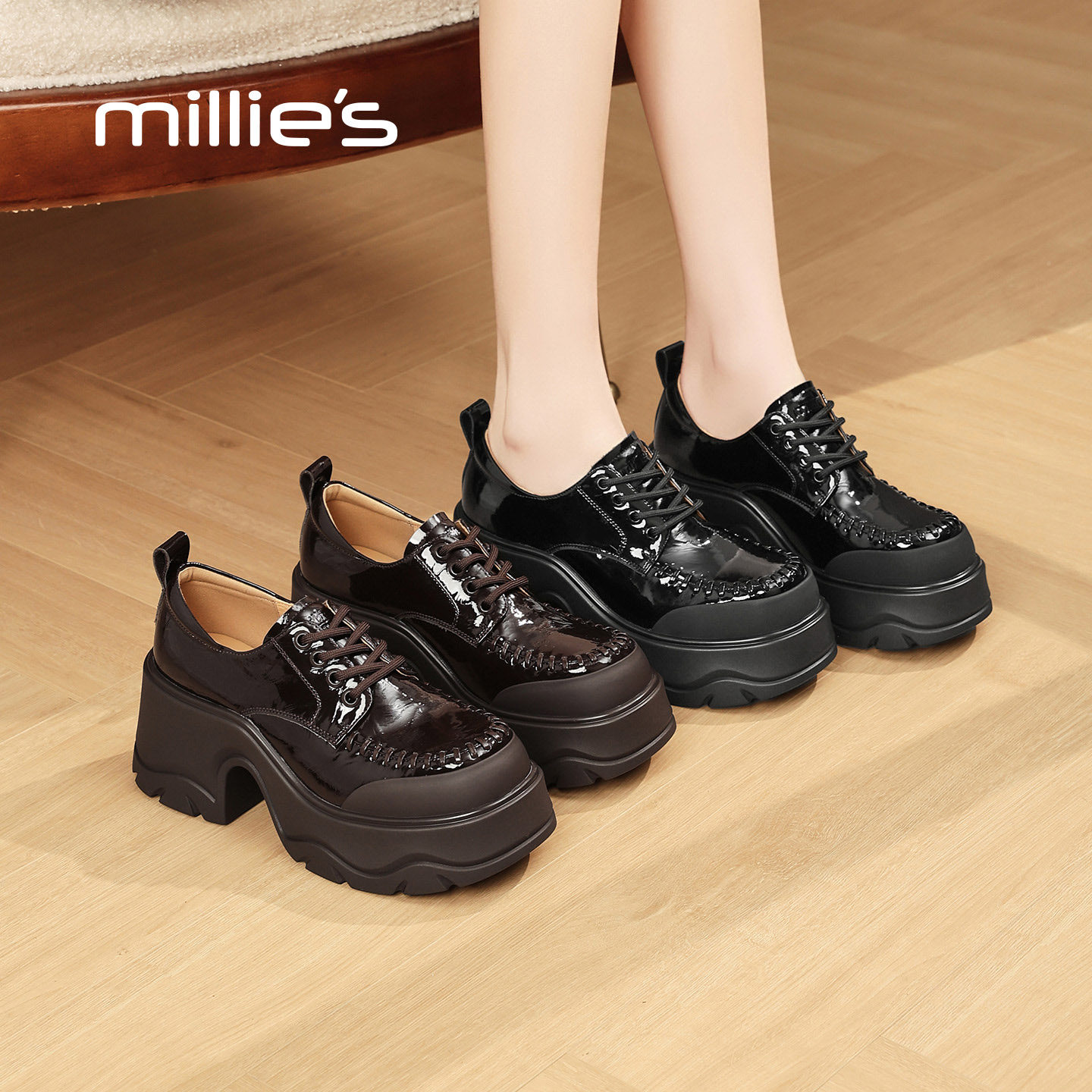 MILLIE'S/妙丽深口单鞋女款厚底漆皮系带乐福鞋百搭通勤风厚底鞋,女鞋,深口单鞋,淘宝优惠券,粉丝福利购,淘宝优惠卷