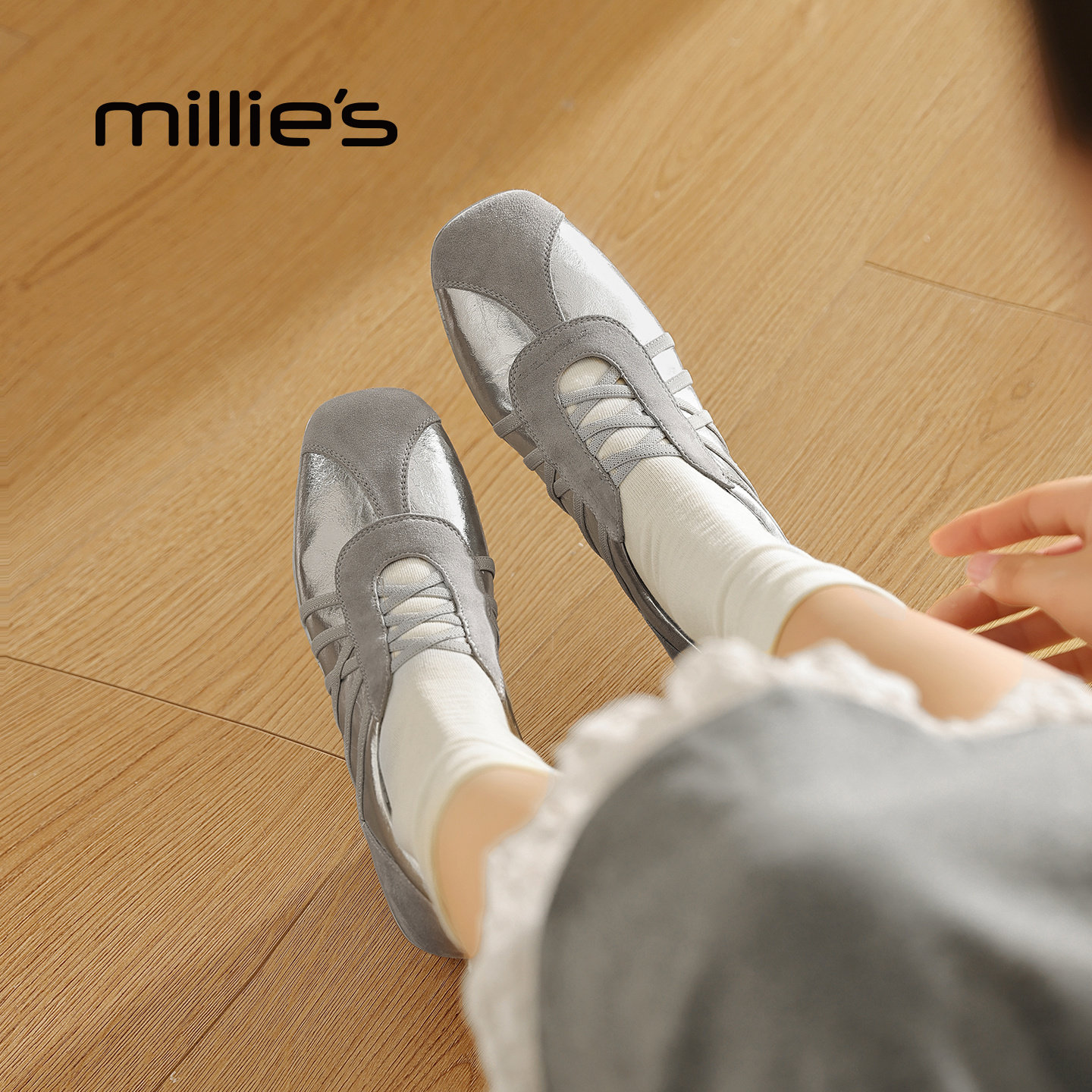 MILLIE'S/妙丽方头平底芭蕾风女鞋一脚蹬银色休闲鞋2026春季新款,女鞋,德训鞋,淘宝优惠券,粉丝福利购,淘宝优惠卷