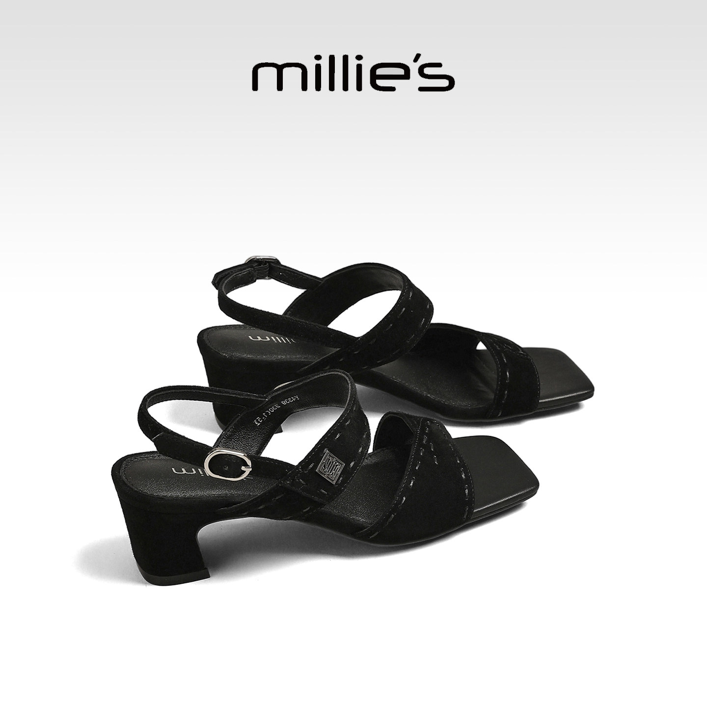 MILLIE'S/妙丽黑色一字带凉鞋女鞋夏季新款粗跟方头仙女风高跟鞋