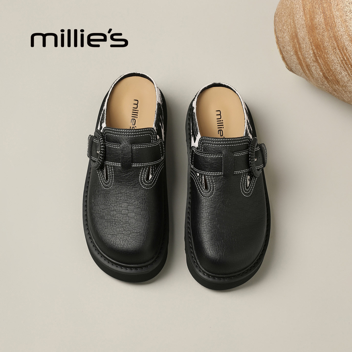 MILLIE'S/妙丽黑色厚底勃肯鞋女款包头拖鞋2026春季新款穆勒鞋子