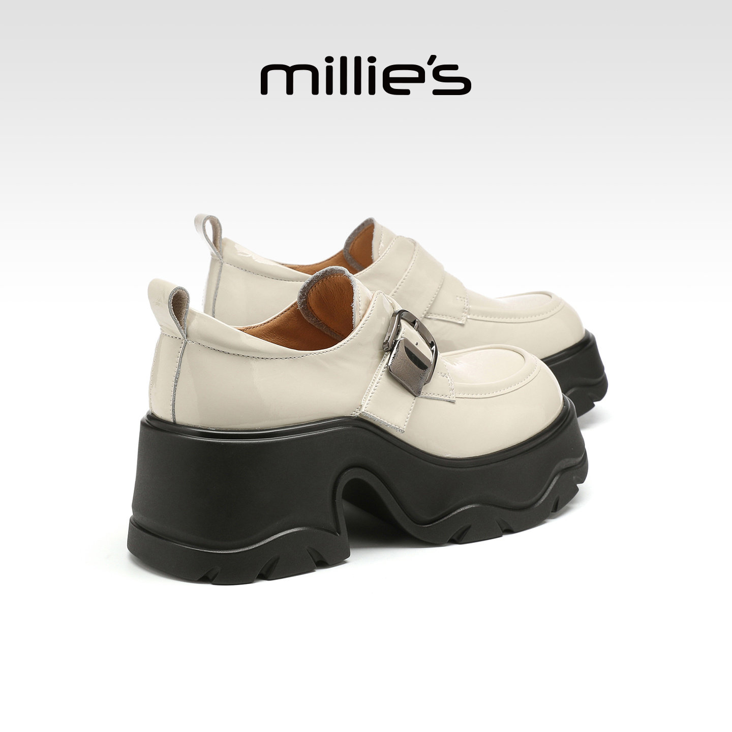 MILLIE'S/妙丽2026春季厚底乐福鞋女款皮面扣带增高松糕鞋复古风