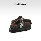millies妙丽秋冬新款 毛毛鞋 包头加绒棉鞋 真皮厚底一脚蹬勃肯棉鞋