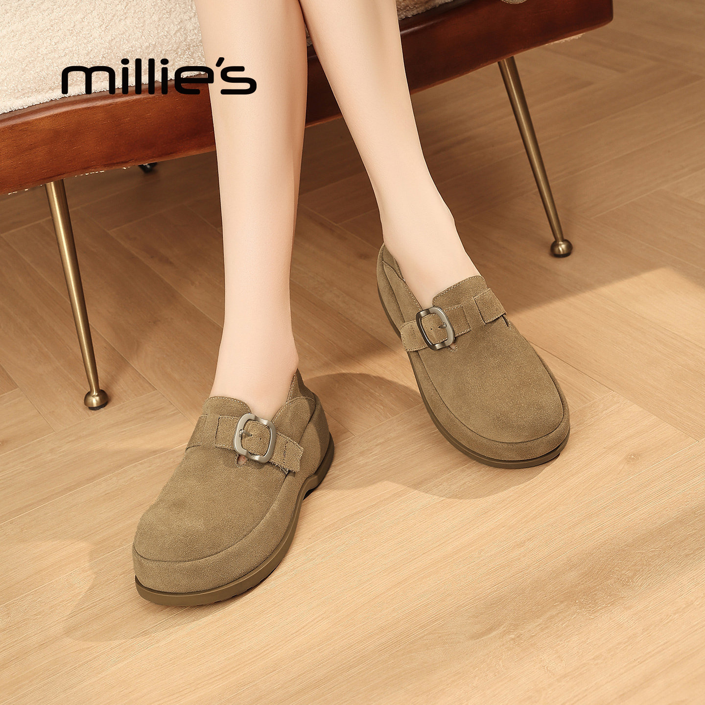 MILLIE'S/妙丽2026春季新款增高乐福鞋女款加绒软底一脚蹬勃肯鞋