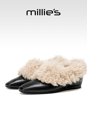 millies妙丽女鞋2025年冬季新款加绒保暖毛毛鞋女一脚蹬平底女鞋