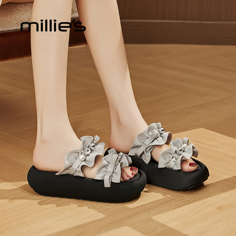 millies妙丽花朵女士拖鞋女款外穿夏季新款仙女风厚底沙滩一字拖