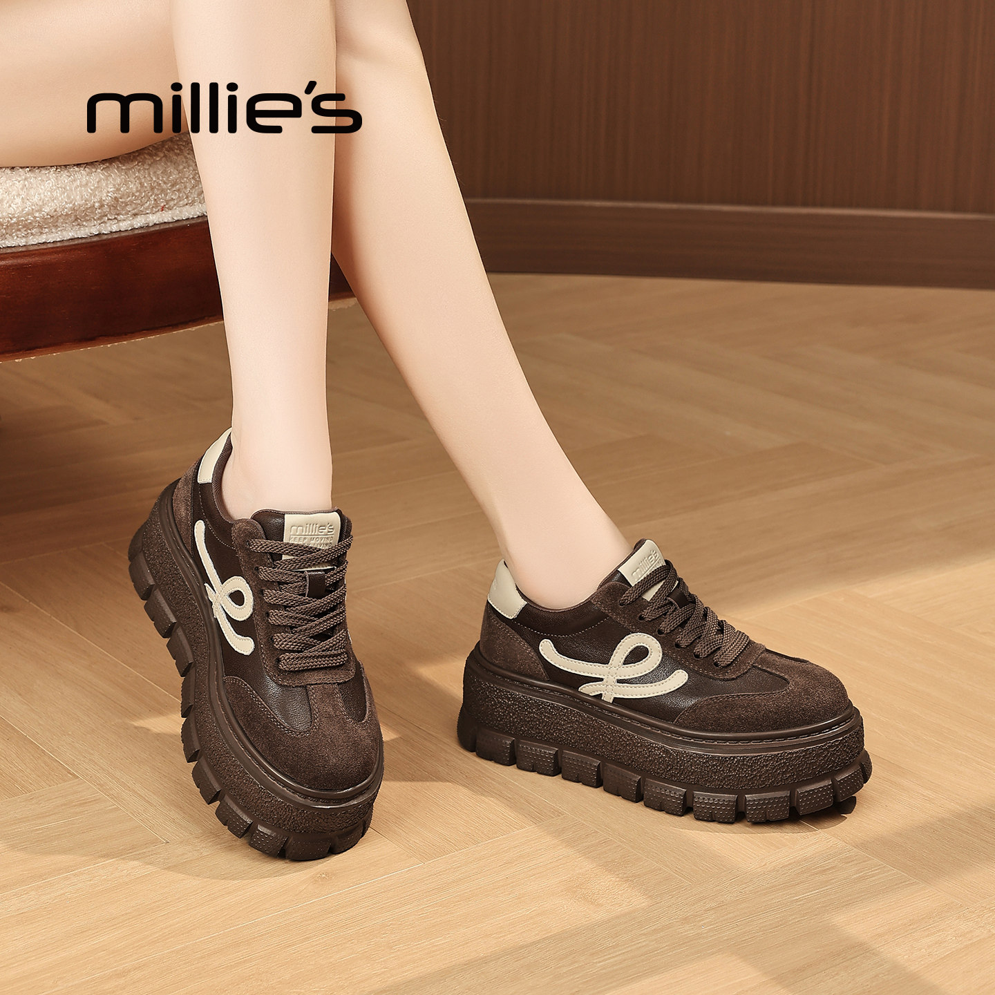 MILLIE'S/妙丽复古风厚底增高休闲鞋女2026春季新款百搭系带板鞋,女鞋,深口单鞋,淘宝优惠券,粉丝福利购,淘宝优惠卷