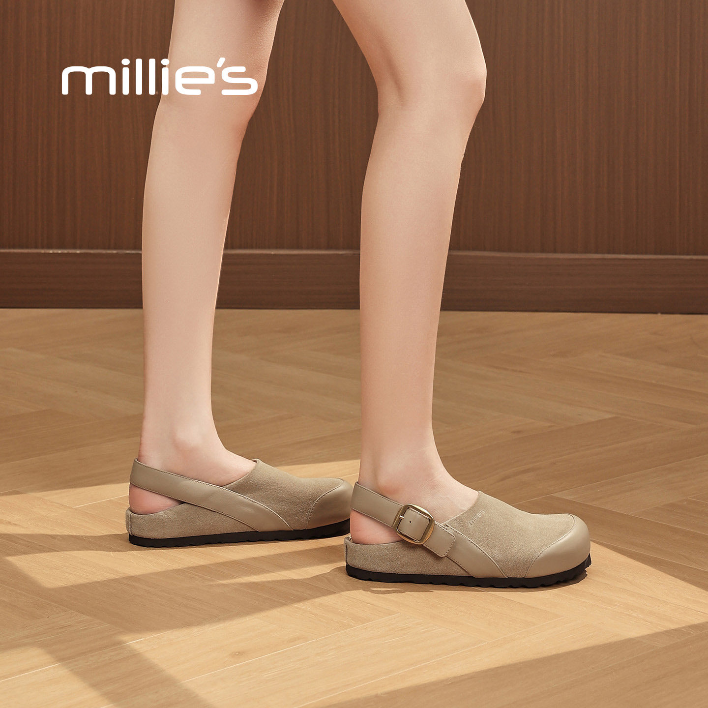 MILLIE'S/妙丽杏色勃肯鞋女款包头半拖鞋软底百搭一脚蹬夏季新款