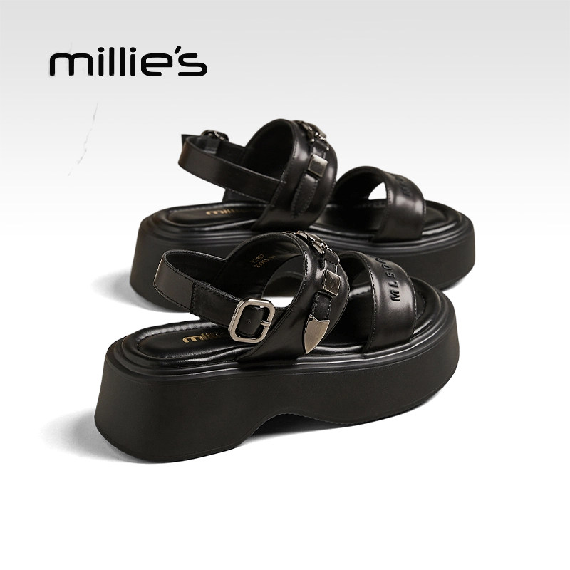MILLIE'S/妙丽厚底凉鞋女黑色一字带设计感时尚休闲凉鞋夏季新款