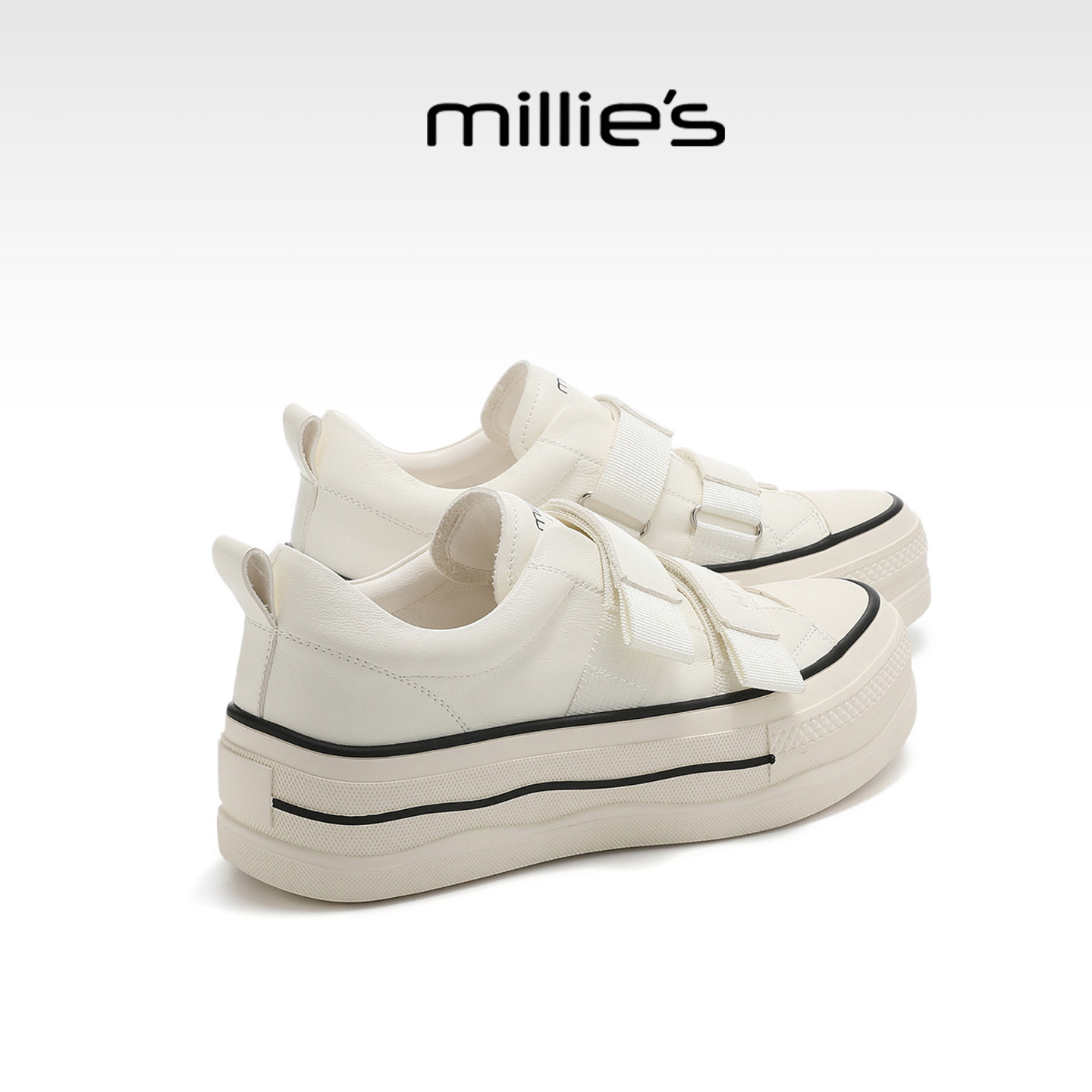 MILLIE'S/妙丽厚底板鞋女款时尚休闲鞋2026春季新款真皮小白鞋子