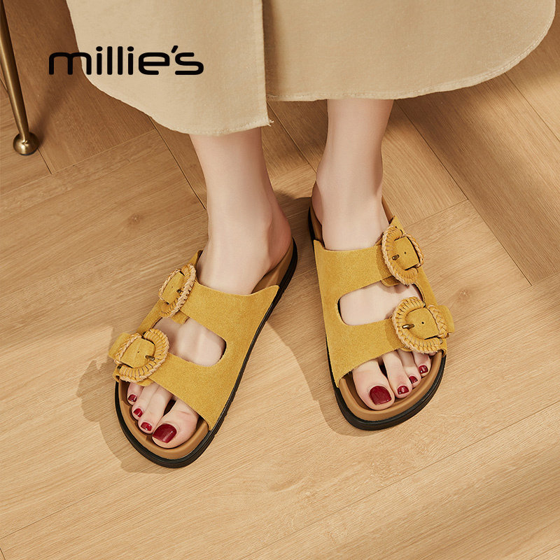 MILLIE'S/妙丽勃肯鞋女夏外穿双扣带一字拖软底不累脚百搭凉拖鞋