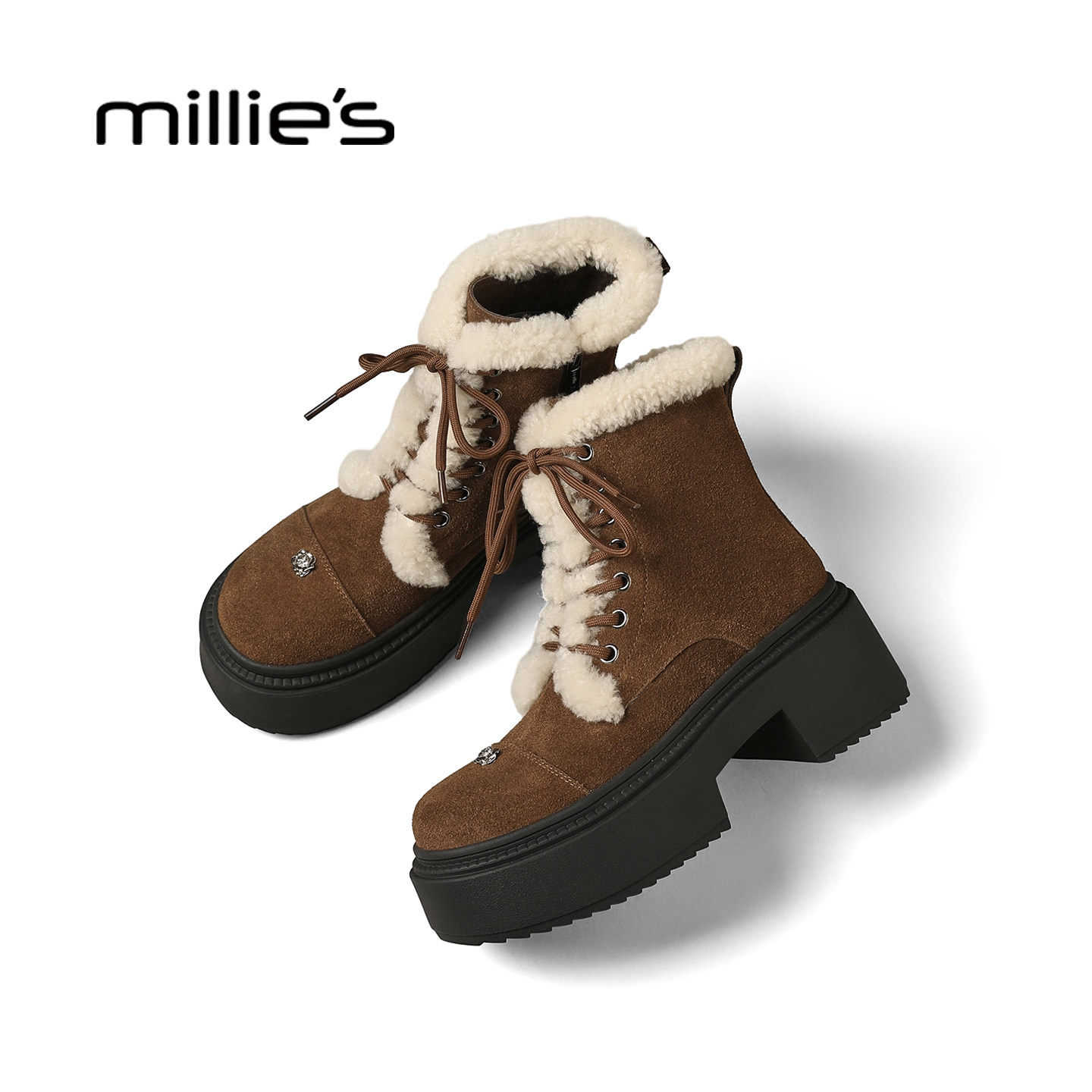 millies妙丽粗跟马丁靴女款2025冬季新款厚底增高棉靴加绒雪地靴