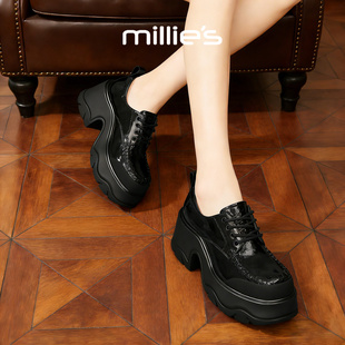 MILLIE'S/妙丽黑色漆皮厚底乐福鞋女系带松糕鞋小个子百搭休闲鞋