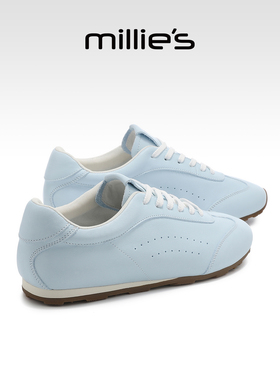 MILLIE'S/妙丽蓝色阿甘鞋女款2026春季新款真皮平底系带深口单鞋